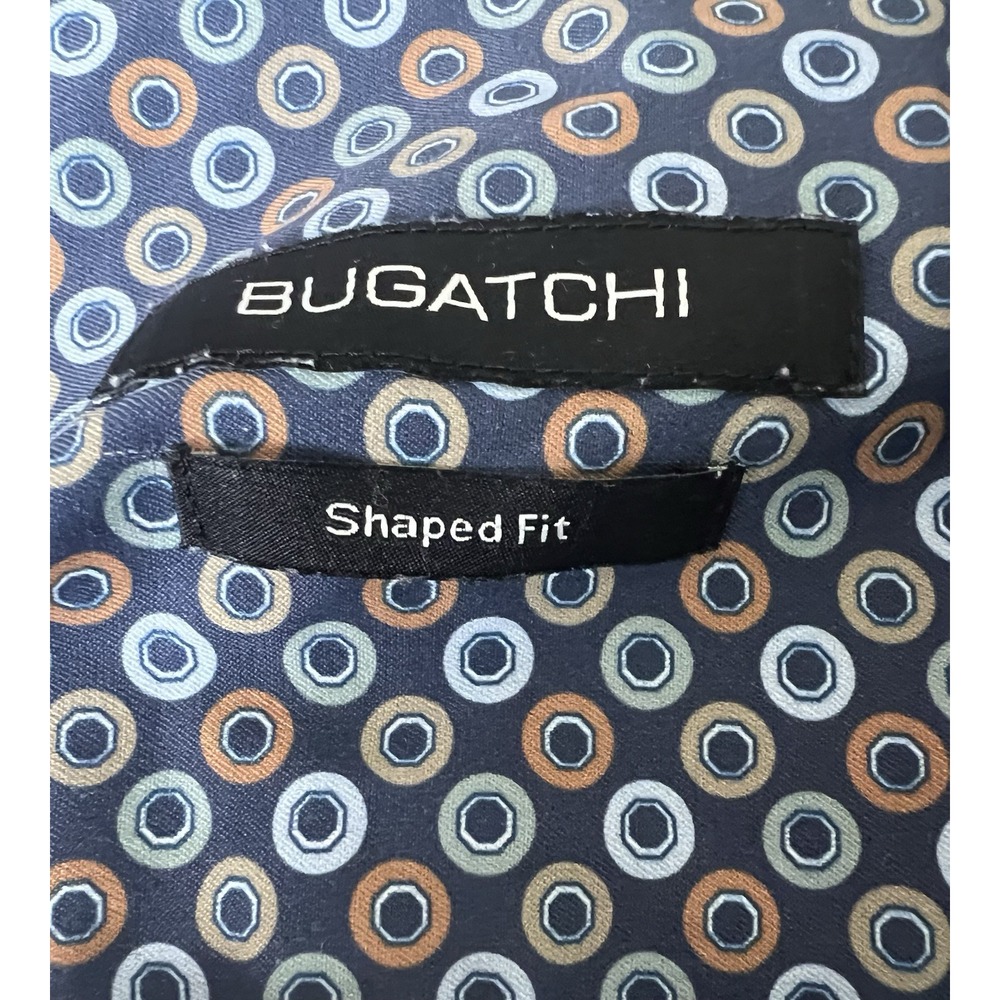 Bugatchi Button Up Shirt 2XL Blue Brown Geometric Circle Print Shaped Fit
